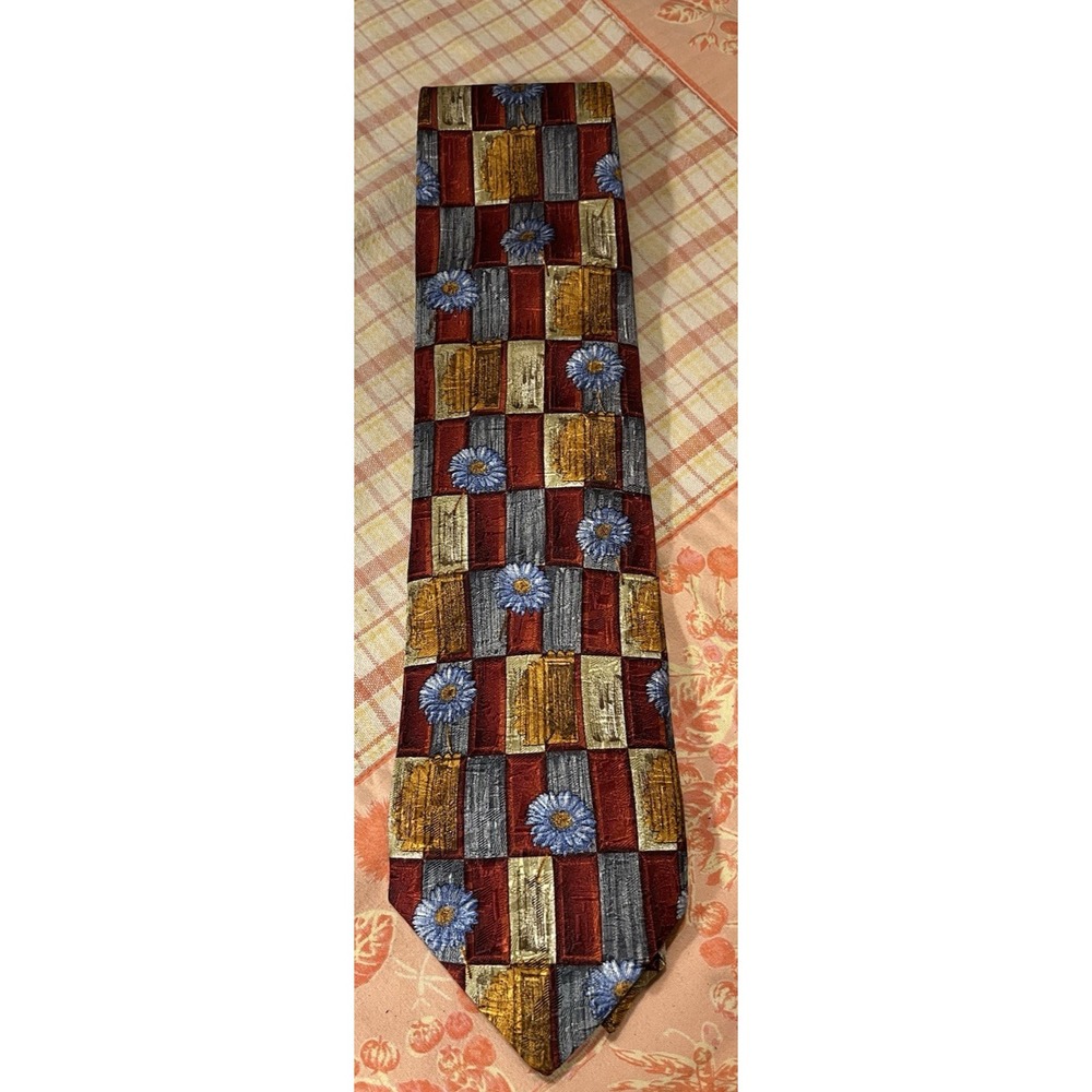 Ermenegildo Zegna Men's Silk Tie Red Blue Gold‎ Floral Geometric W 4" x L 59"